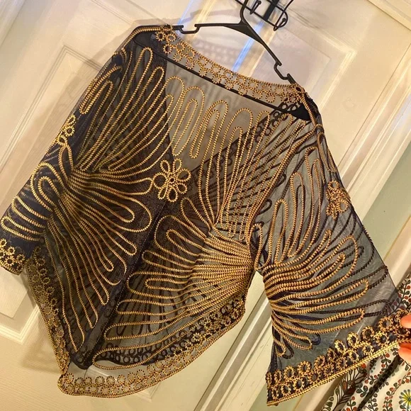 VINTAGE HANDMADE Gorgeous Fancy Festival Transulent Cover Up Top - Picture 8 of 11